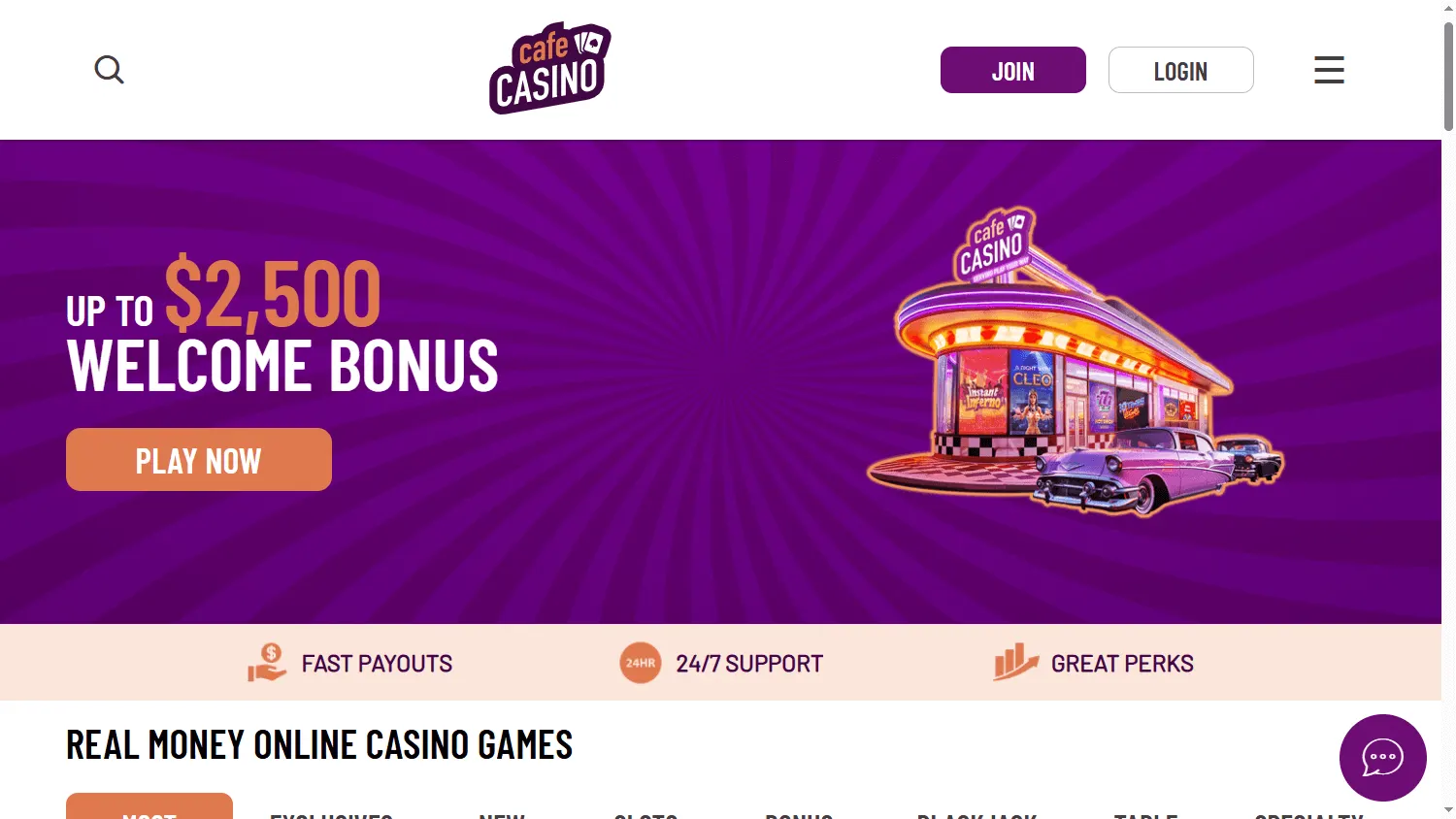 Cafe Casino home screen on desktop