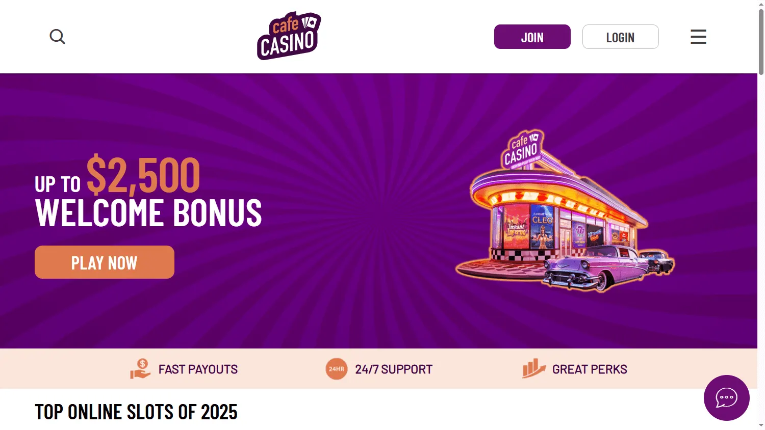 Cafe Casino game catalogue on desktop