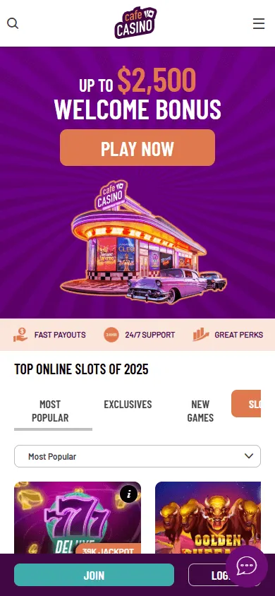 Cafe Casino game catalogue on a mobile screen