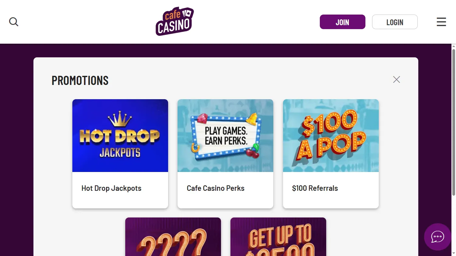 Cafe Casino promotions area on desktop