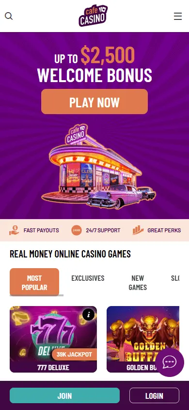 Cafe Casino responsive home screen on mobile